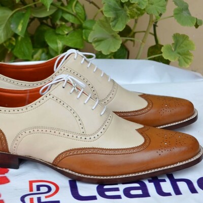 Crafted leather brown beige leather oxford wingtip shoes, bespoke handmade men classic dress shoes - Thumbnail 4