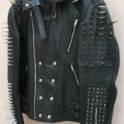Crafted leather black silver long spiked studded cowhide leather jacket - Thumbnail 3