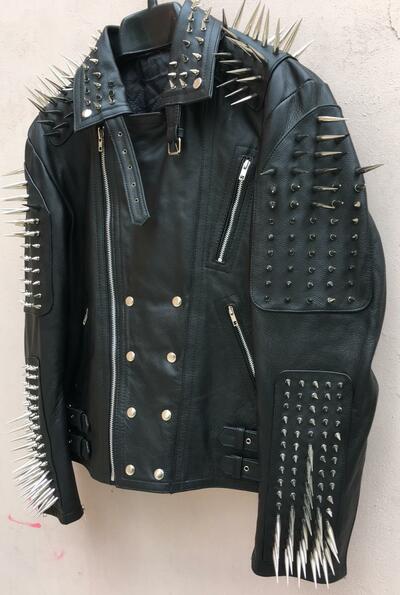 Crafted Leather Black Silver Long Spiked Studded Cowhide Leather Jacket