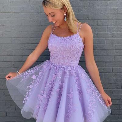 Cute lilac short homecoming dresses with lace - Thumbnail 2