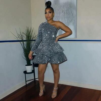 Sparkly sequin a line one shoulder short homecoming dress with long sleeve  - Thumbnail 2