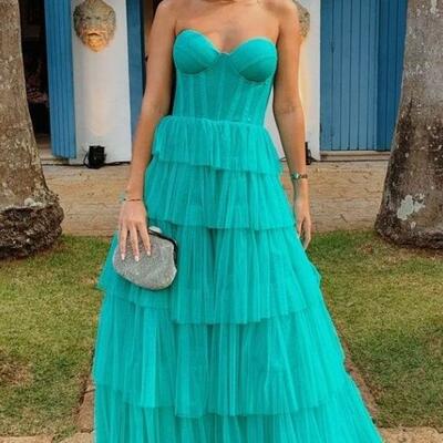 Popular newest sweetheart a line tulle long prom dresses, evening dresses - Thumbnail 1