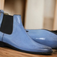 Handmade Men's Blue Leather Chelsea Ankle Boot - Thumbnail 1