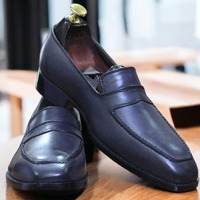 Handmade Men's Leather Blue Penny Slip on Loafer Shoes - Thumbnail 1