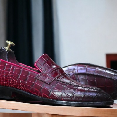 Handmade men's burgundy alligator leather penny loafer shoes - Thumbnail 1