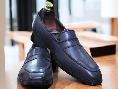 Handmade Men's Leather Blue Panny Slip on Loafer Shoes