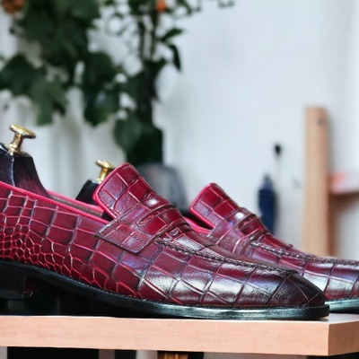 Handmade men's red alligator leather penny loafer shoes