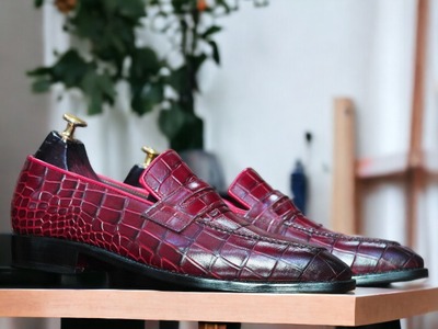 Handmade Men's Red Alligator Leather Penny Loafer Shoes