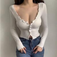 Thin solid color sunscreen knitted jacket with fungus edge - Thumbnail 2