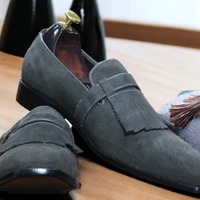 Handmade Men's Gray Suede Monk Fringe Shoes - Thumbnail 1