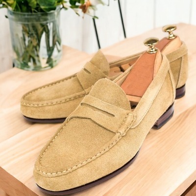 Handmade men's beige suede penny loafer shoes