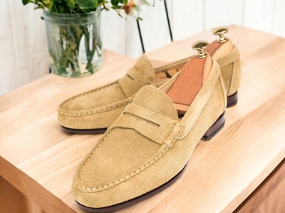 Handmade Men's Beige Suede Penny Loafer Shoes