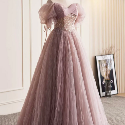 Pink tulle sequins floor length prom dress, beautiful off the shoulder evening party dress kpp1751