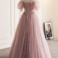 Pink Tulle Sequins Floor Length Prom Dress, Beautiful Off the Shoulder Evening Party Dress KPP1751 - Thumbnail 2
