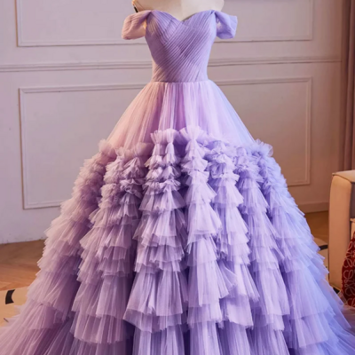 Purple off the shoulder tiered ruffles long ball gown prom formal party dresses kpp1752