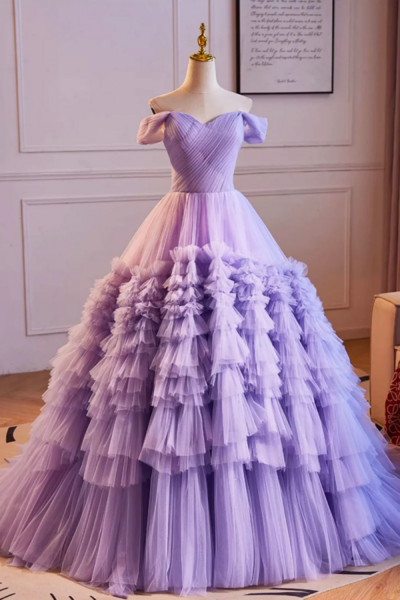 Purple Off the Shoulder Tiered Ruffles Long Ball Gown Prom Formal Party Dresses KPP1752
