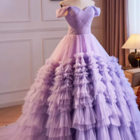 Purple Off the Shoulder Tiered Ruffles Long Ball Gown Prom Formal Party Dresses KPP1752 - Thumbnail 2