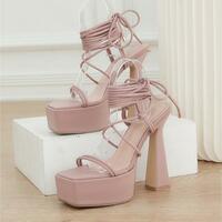 Tie Leg Design Platform Chunky Heeled Sandals - 2 colors - Thumbnail 3