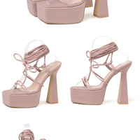 Tie Leg Design Platform Chunky Heeled Sandals - 2 colors - Thumbnail 6