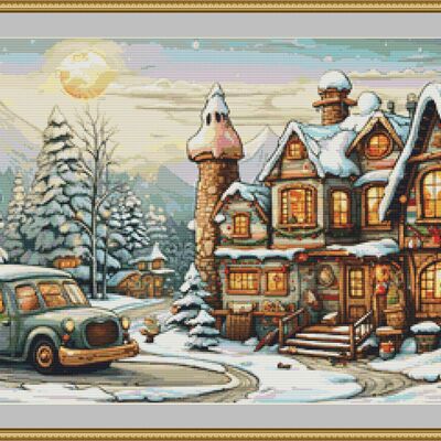 Snowy house cross stitch pattern
