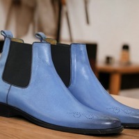 Handmade Men's Blue Leather Chelsea Ankle Boot - Thumbnail 1