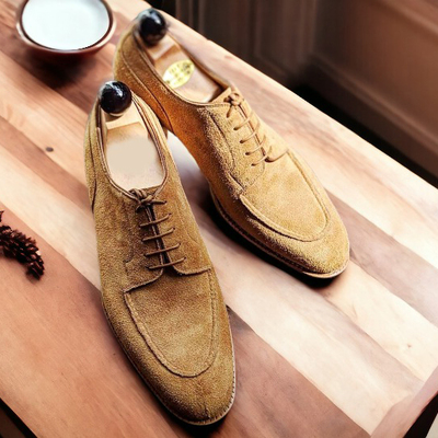 Hand painted men's beige suede lace up dress office shoes - Thumbnail 1