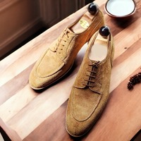 Hand Painted Men's Beige Suede Lace Up Dress Office Shoes - Thumbnail 1