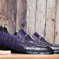 Handmade Men's Purple Alligator Print Penny Loafer Shoes - Thumbnail 1