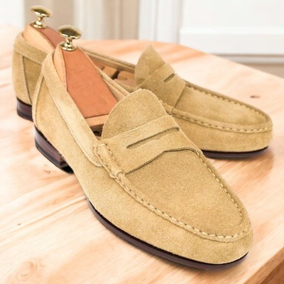 Handmade men's beige suede penny loafer shoes