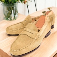 Handmade Men's Beige Suede penny Loafer Shoes - Thumbnail 1