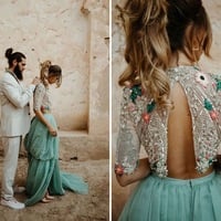 Sage Green Two Piece Red Prom Dresses with Beadiing - Thumbnail 1