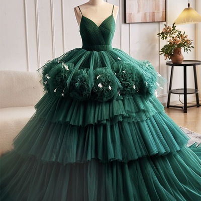 Green spaghetti strap tulle long ball gown, beautiful v-neck fomrmal gown