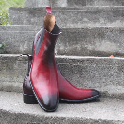 Crafted leather handmade red black shaded leather fashion men chelsea dress boot - Thumbnail 5
