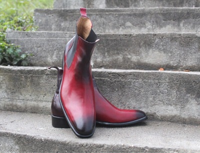 Crafted Leather Handmade Red Black Shaded Leather Fashion Men Chelsea Dress Boot