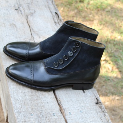 Crafted leather black calf and dark blue suede leather men button ankle high dress boot - Thumbnail 4