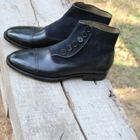 Crafted Leather Black Calf and Dark Blue Suede Leather Men Button Ankle High Dress Boot - Thumbnail 1