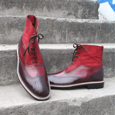 Crafted leather burgundy red suede wingtip double norwegian welted classic men ankle high lace up boot - Thumbnail 3