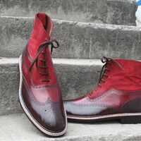 Crafted Leather Burgundy Red Suede Wingtip Double Norwegian Welted Classic Men Ankle High Lace up Boot - Thumbnail 1