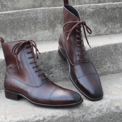 Crafted leather dark brown classic men ankle high lace up military boot - Thumbnail 5