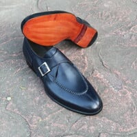 Crafted Leather Gray Split Toe Derby Classic Last Monk Strap Dress Shoes - Thumbnail 3