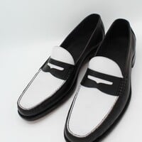 Crafted Leather Handmade Black White Leather Moccasin Loafers Dress Formal Shoes - Thumbnail 1