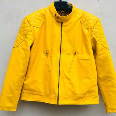 Crafted leather men's yellow motorcycle genuine lambskin leather jacket slim fit biker jacket  - Thumbnail 5