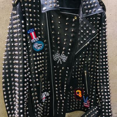 Crafted leather mens awesome punk silver studded patches black leather jacket - Thumbnail 5