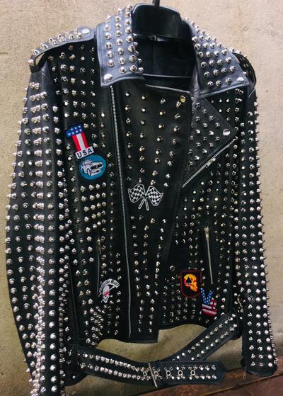 Crafted Leather Mens Awesome Punk Silver Studded Patches Black Leather Jacket