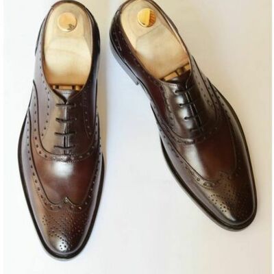 Handmade men wingtip brogue shoes, men formal shoes, men brown leather shoes