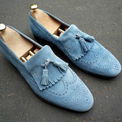 Men's sky blue tassel loafer wing tip brogue toe genuine suede leather shoes