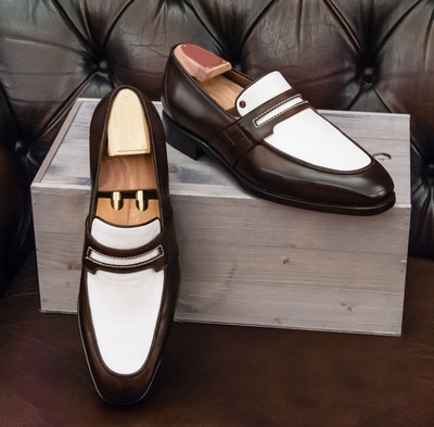 Handmade Chocolate Brown White Moccasin Loafer Slip On Leather Party Wear Shoes