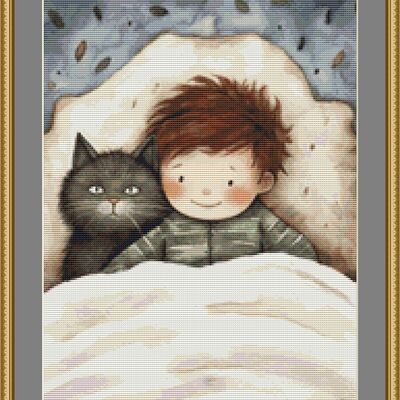 Boy and his cat cross stitch pattern