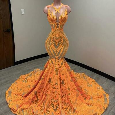 Sparkly orange mermaid sequin prom dresses  - Thumbnail 2