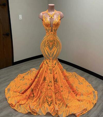 Sparkly Orange Mermaid Sequin Prom Dresses 